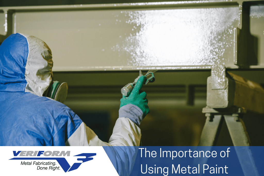 The image features an employee spray painting a metal fabrication part with metal paint. 