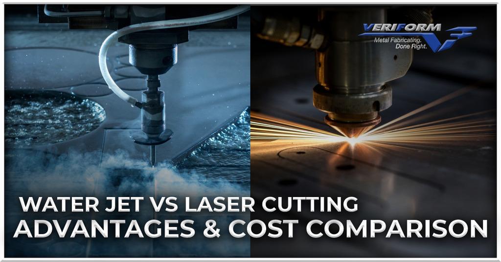 Veriform blog image "Waterjet vs Laser Cutting". Water jet machine on left hand side and laser cutting machine on the right hand side for comparison.